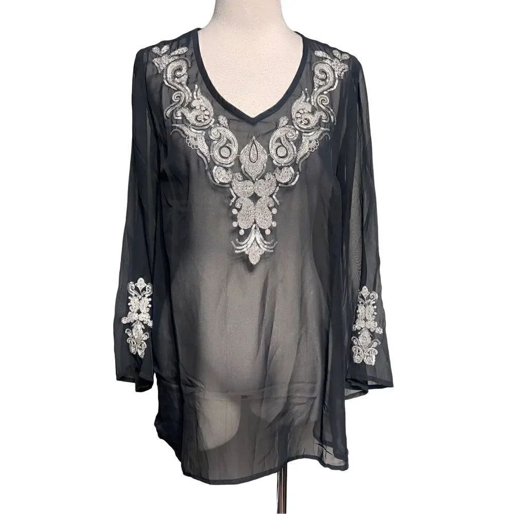 Anthony Original NWT Black Embellished Sheer Tunic, Blouse, Dress Size 8